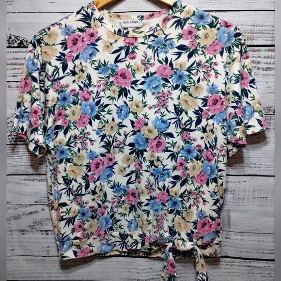 Vicki‎ Wayne Floral Tie Shirt size Large 90's Y2K Flowers Cropped Maximalist - Picture 1 of 6